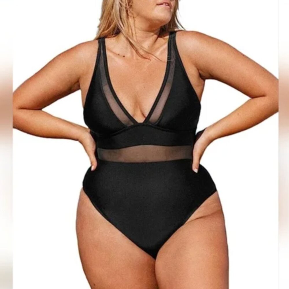 Cupshe Black V-Neck Mesh-Accent One-Piece Swimsuit - Picture 8 of 8